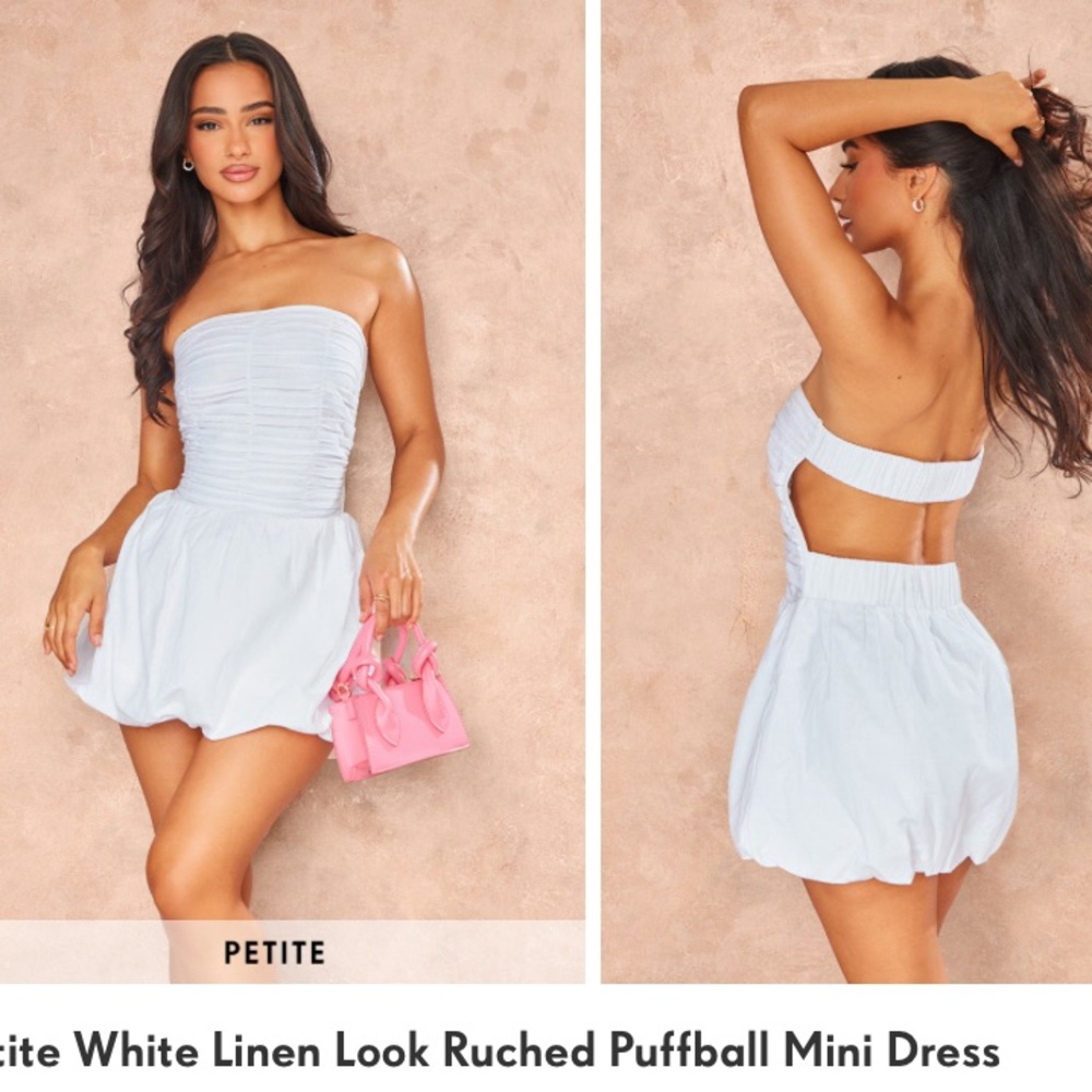 NWT Pretty Little Thing petite white faux linen ruched puffball mini dress
